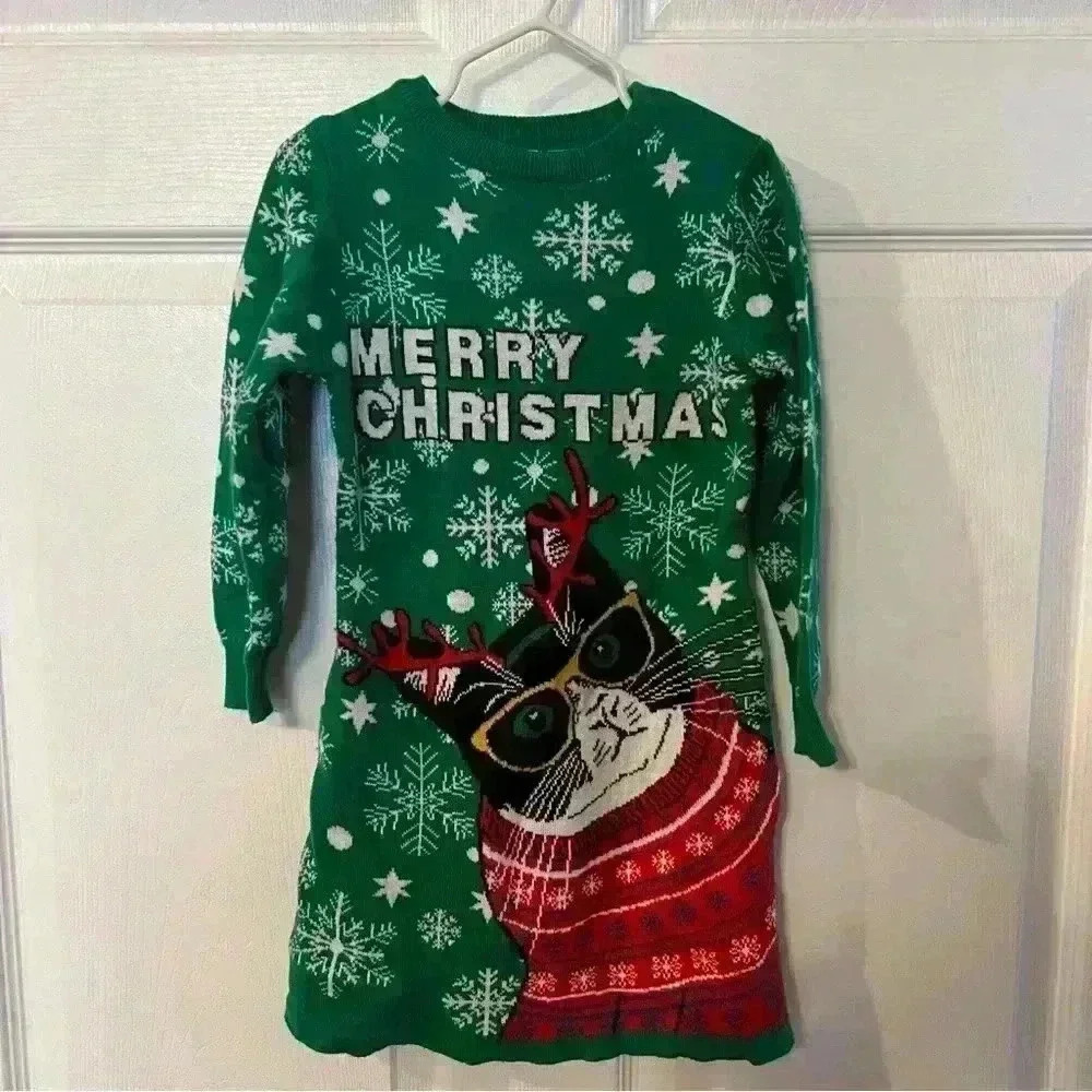 Merry Christmas Cat Knit Long Sleeved Girls Dress, Size Kids Small GUC Holiday